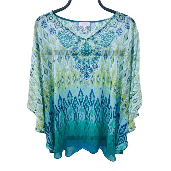 Susan Graver Tops - Susan Graver Sheer Chiffon Tunic Top Size L Blue Green Ikat Geometric V-Neck